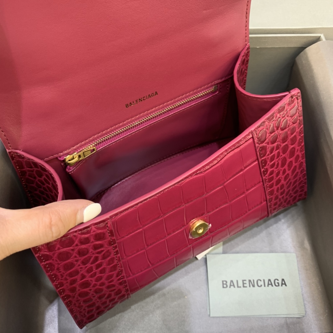 Balenciaga Hourglass Small Handbag Crocodile Embossed Shoulder Bag Burgundy